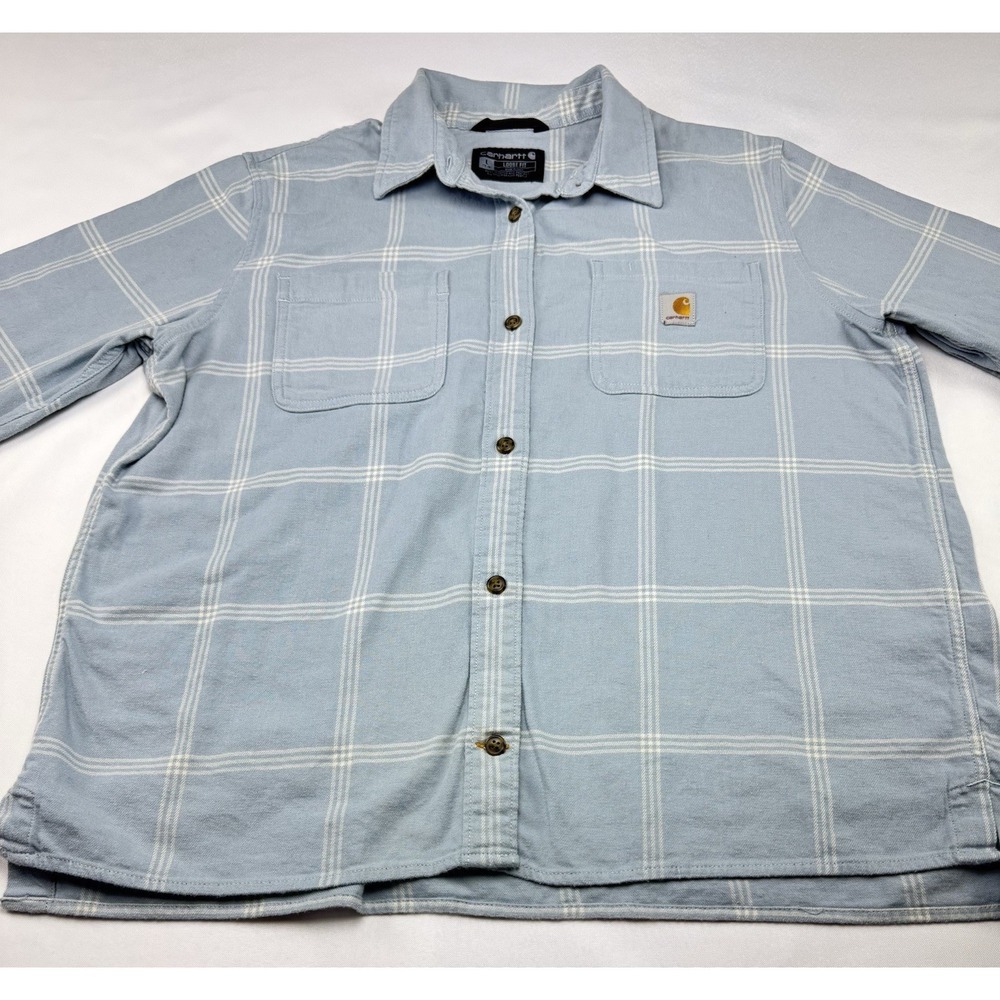 Carhartt Womens L Loose Fit Plaid Button Up Work Shirt Blue Long Sleeve